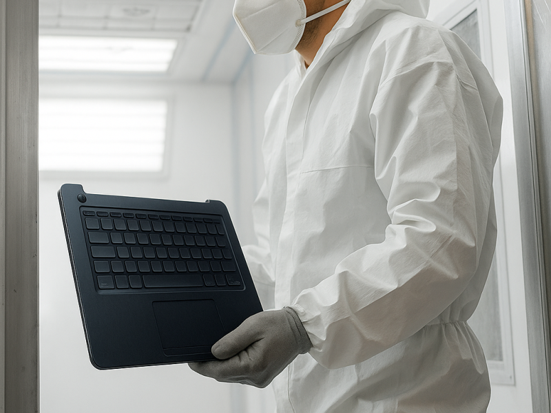 Hombre en limpiafacultades con carcasa de teclado